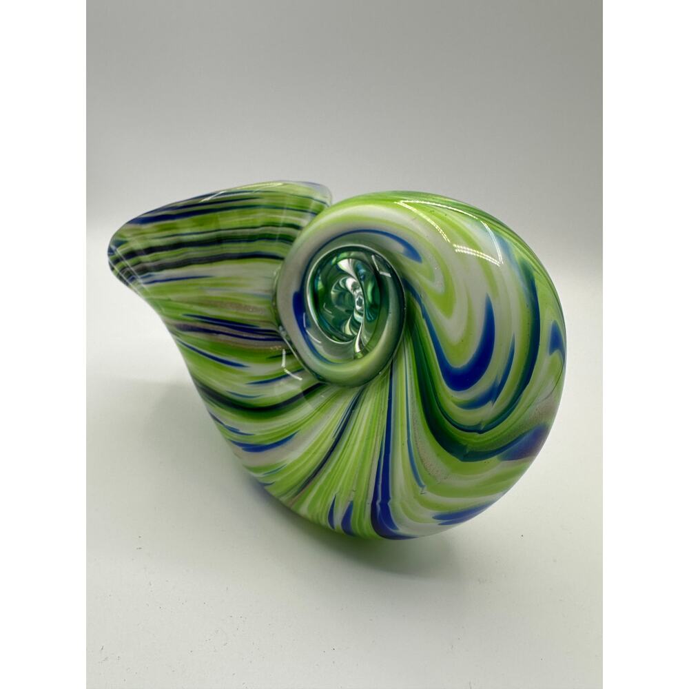 Hand Blown Art Glass Nautilus Seashell Tide Pool Green Blue White Swirl